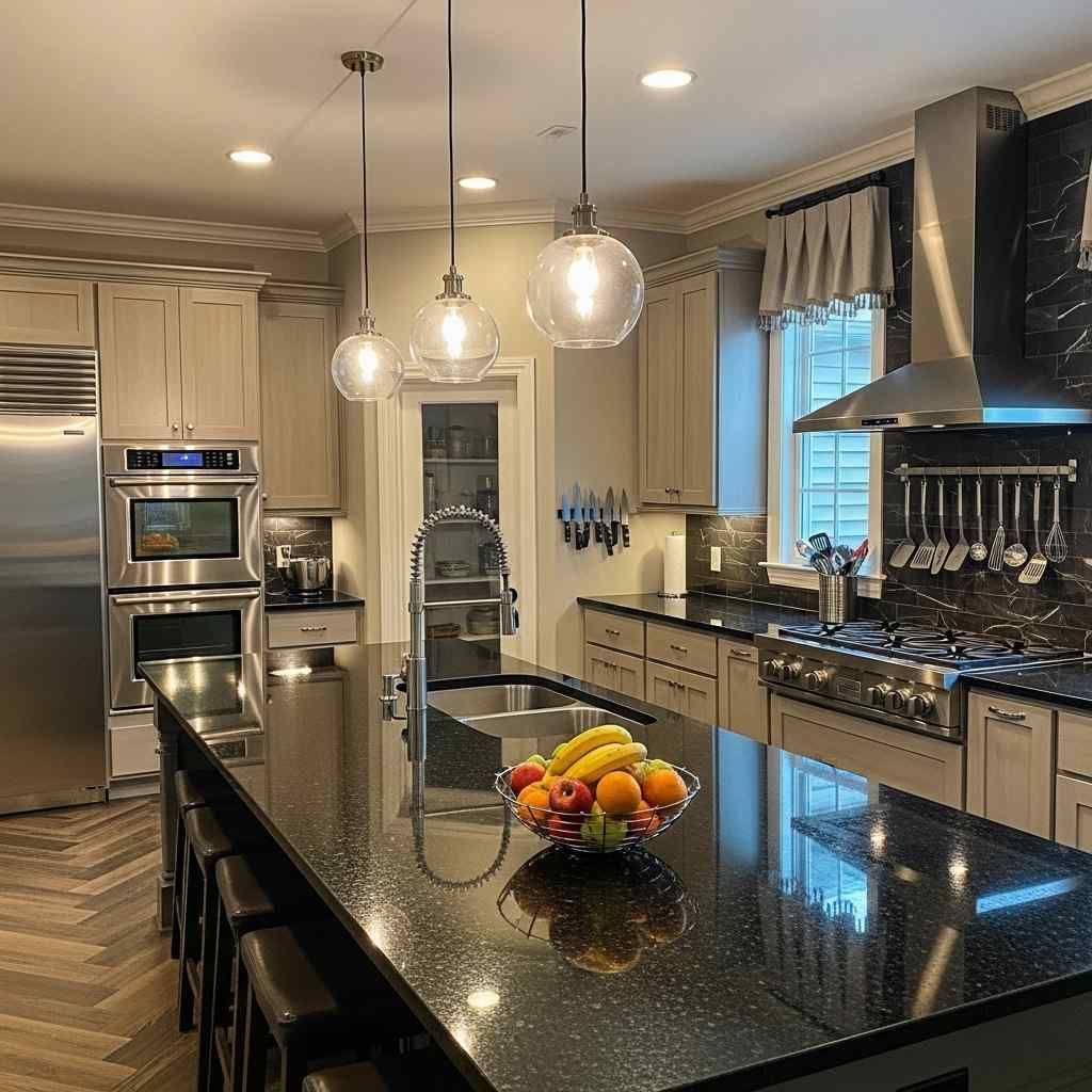 A modern kitchen with a large black island, stainless steel appliances, and globe pendant lights. A bowl of fruit sits on the island's surface.