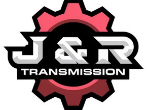 A logo for j & r transmission with a red gear in the middle.