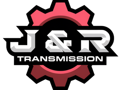 A logo for j & r transmission with a red gear in the middle.
