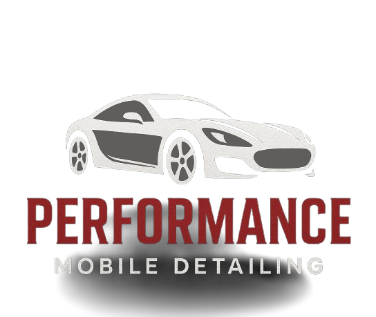 Logo of a car with "PERFORMANCE" in red and "MOBILE DETAILING" below, implying car detailing services.