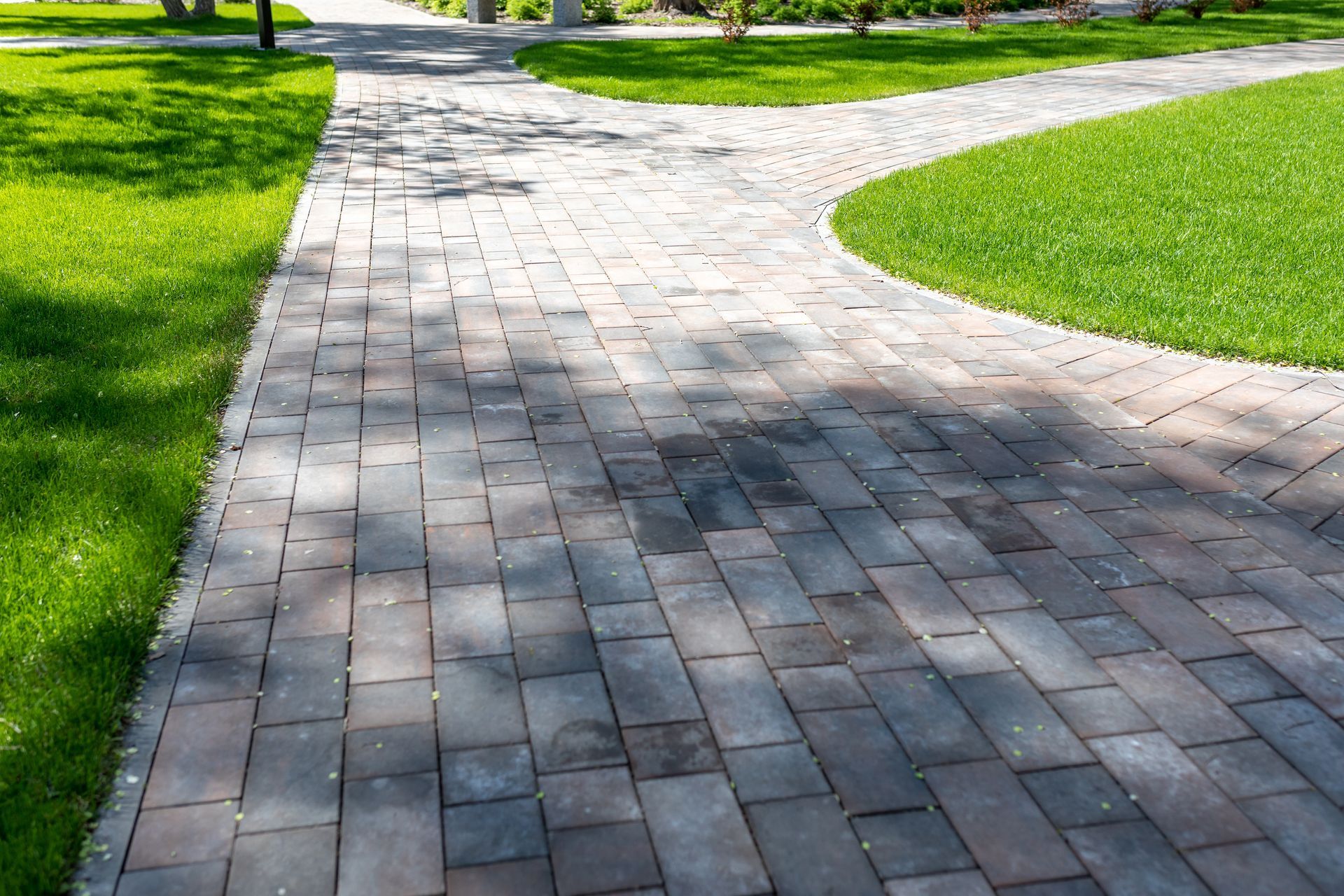 A gray brick walkway splits into two paths, flanked by patches of bright green grass under sunlight.