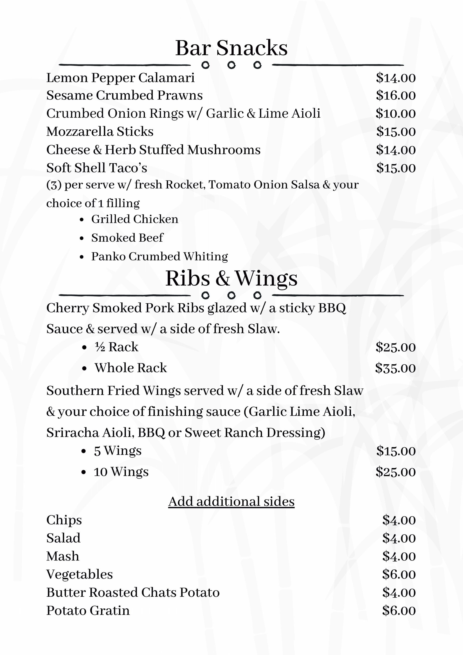 Menu With Bar Snacks, Ribs and Wings, and Additional Sides — East End Hotel in Bundaberg East, QLD