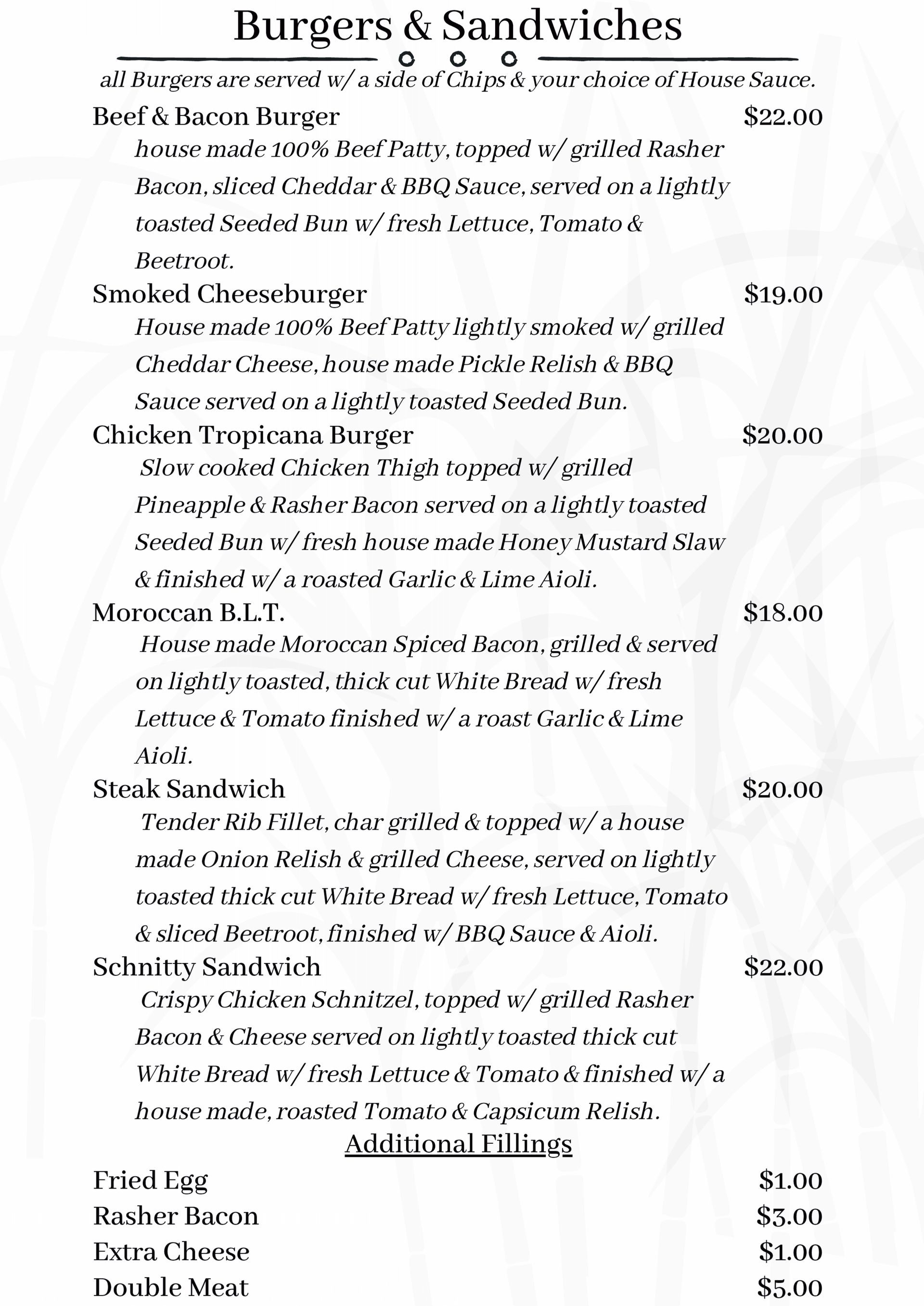 Menu for Burgers and Sandwiches With Item Descriptions and Prices — East End Hotel in Bundaberg East, QLD