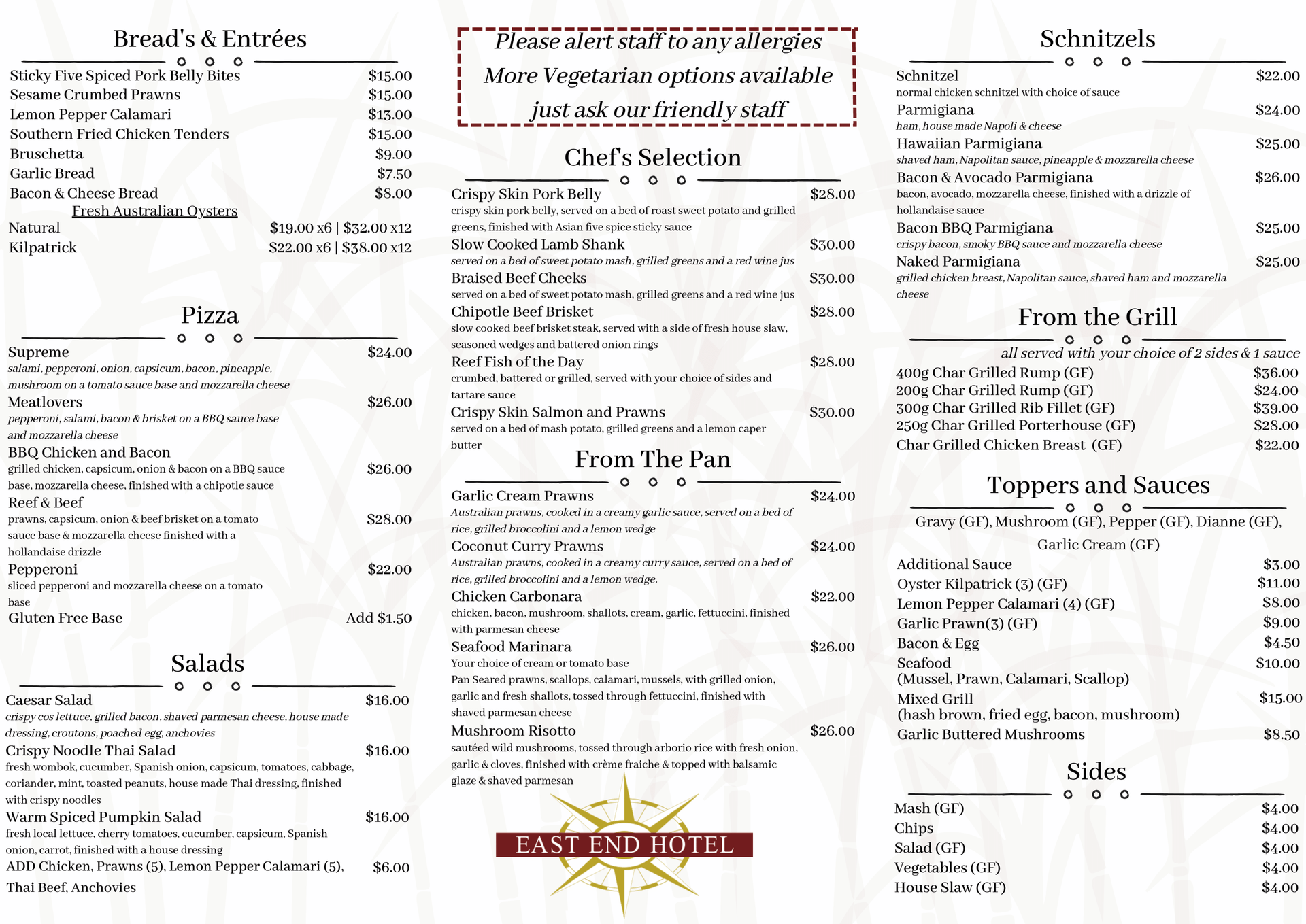 East End Hotel Menu – Bistro in Bundaberg