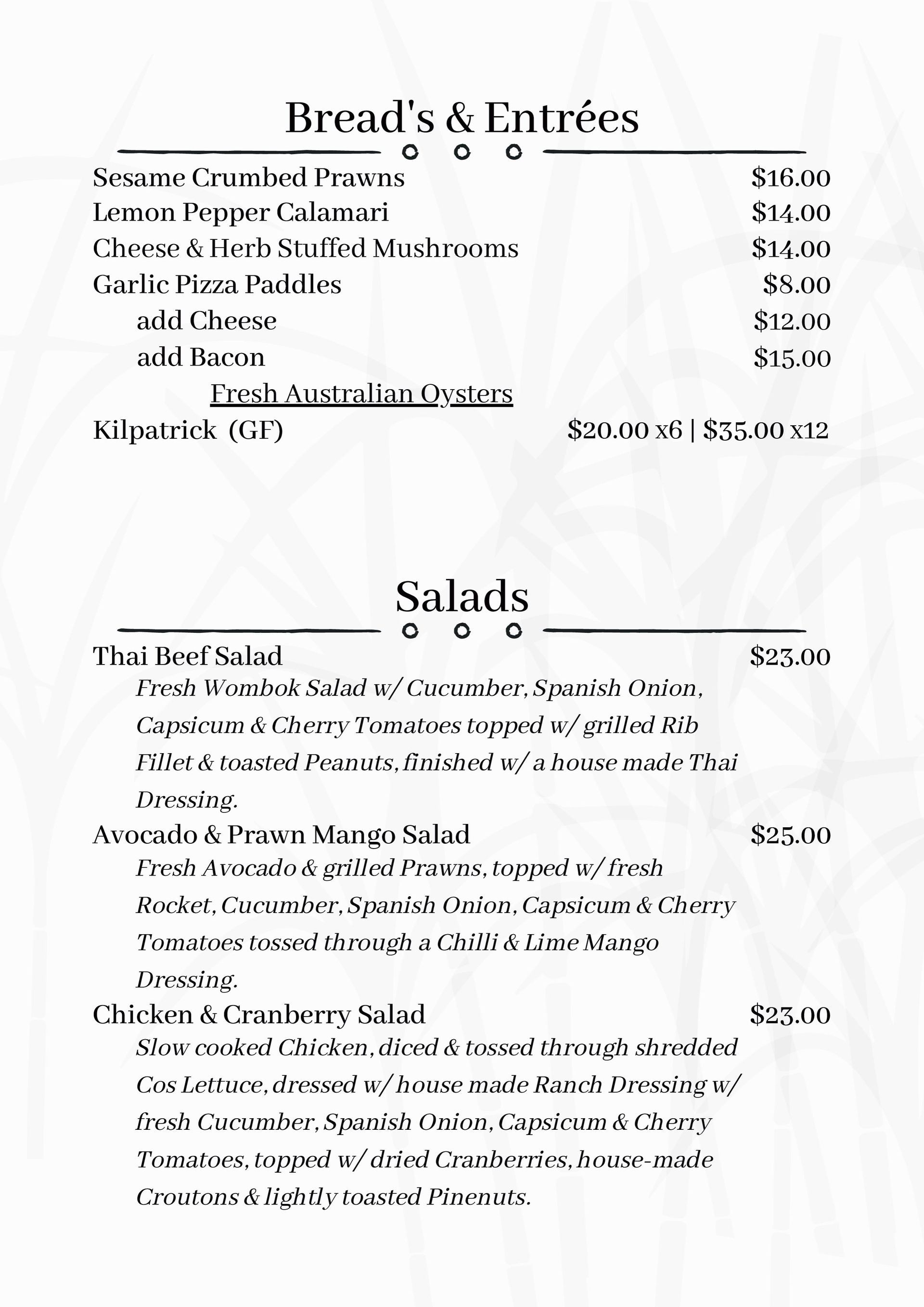 Menu Listing Bread, Entrees, and Salads With Prices — East End Hotel in Bundaberg East, QLD