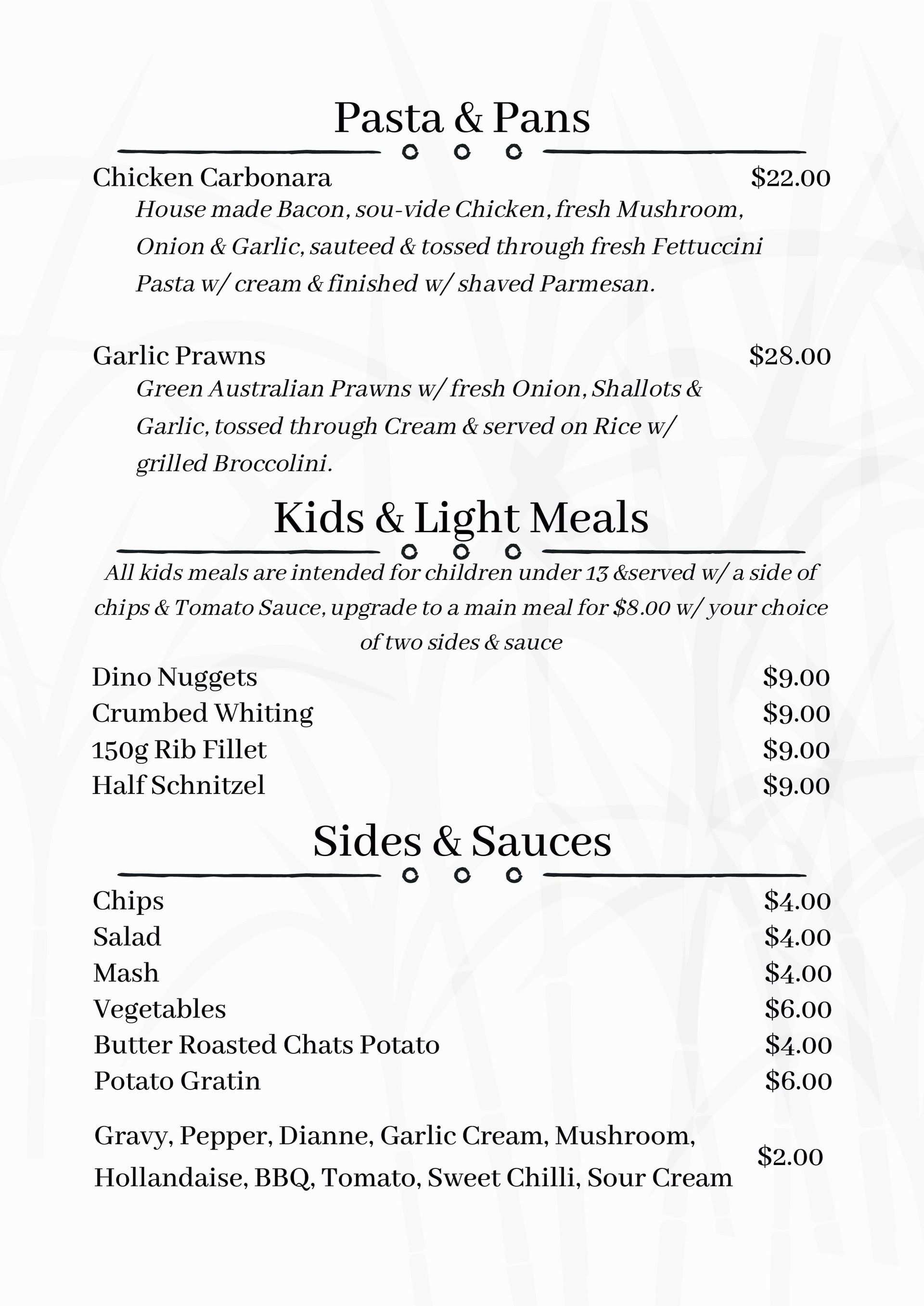 Menu With Pasta, Kids' Meals, and Sides/sauces — East End Hotel in Bundaberg East, QLD
