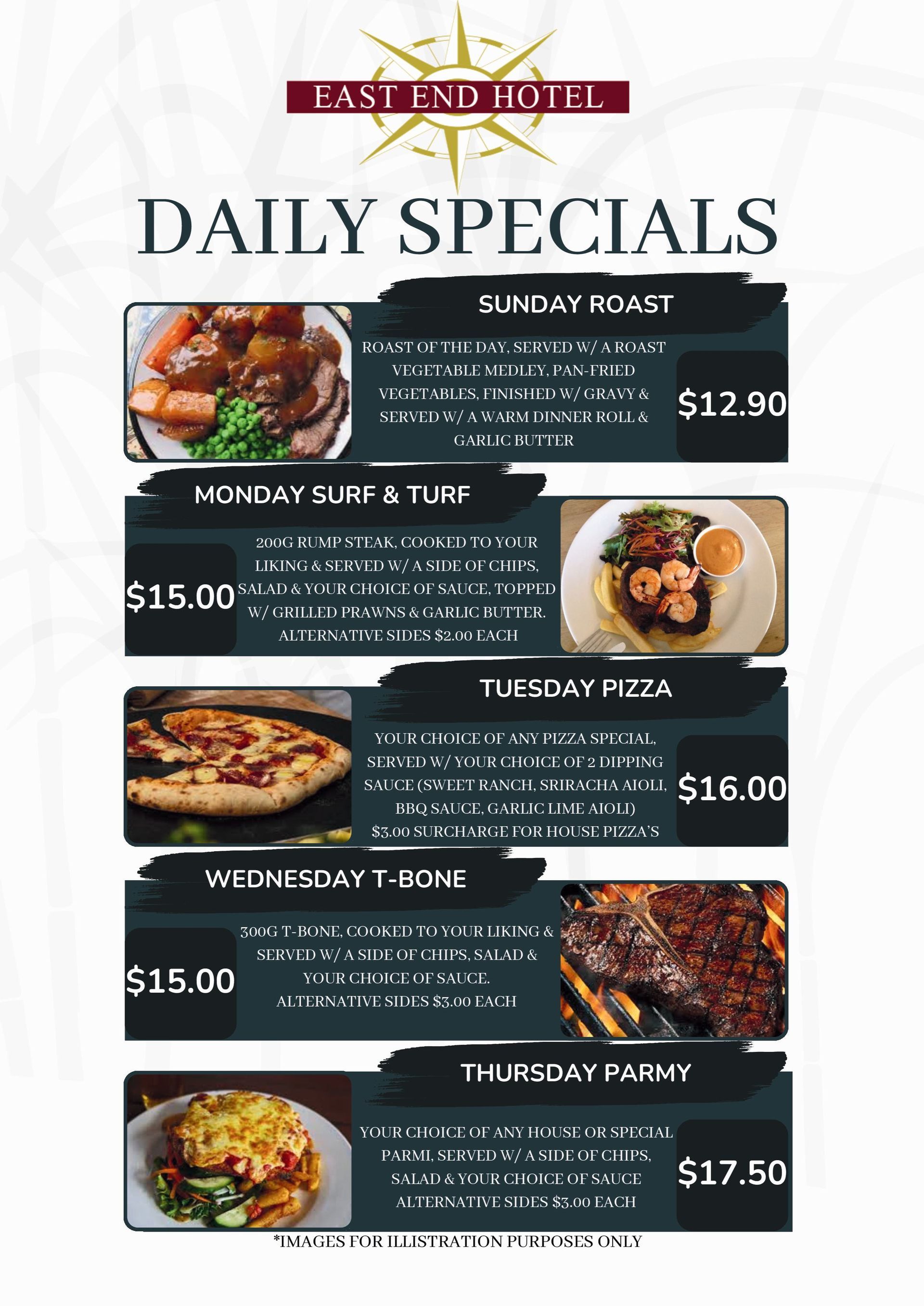 Daily Specials Menu Board From East End Hotel — East End Hotel in Bundaberg East, QLD