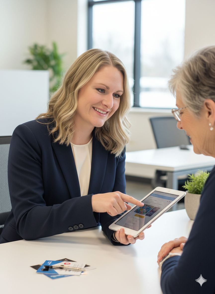 Woman in navy suit points at tablet screen, showing it to another woman. Both are smiling in an office setting.