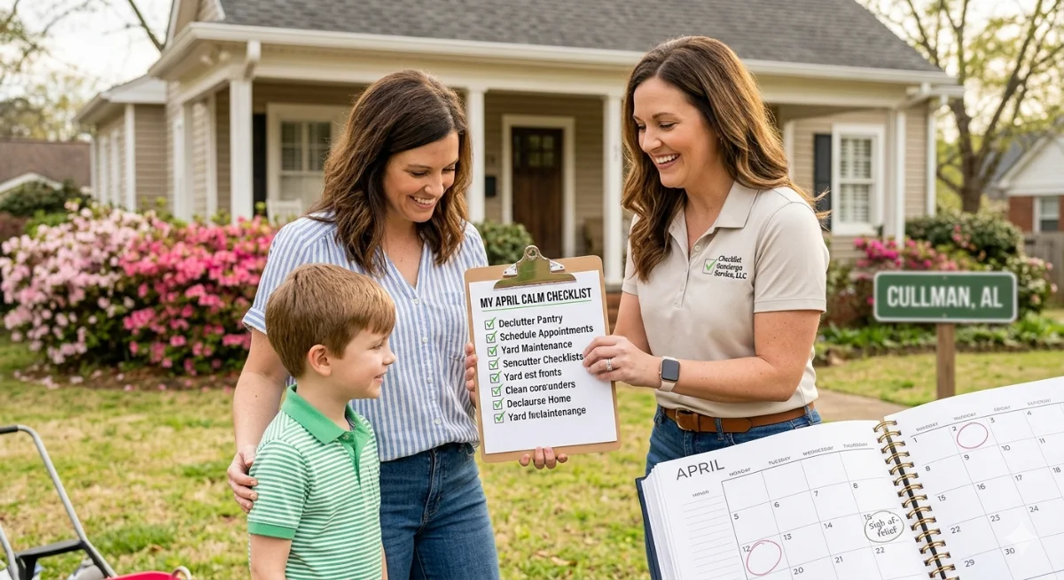 Woman showing a realtor flyer to a child outside a suburban house, with flowers and a for-sale sign nearby