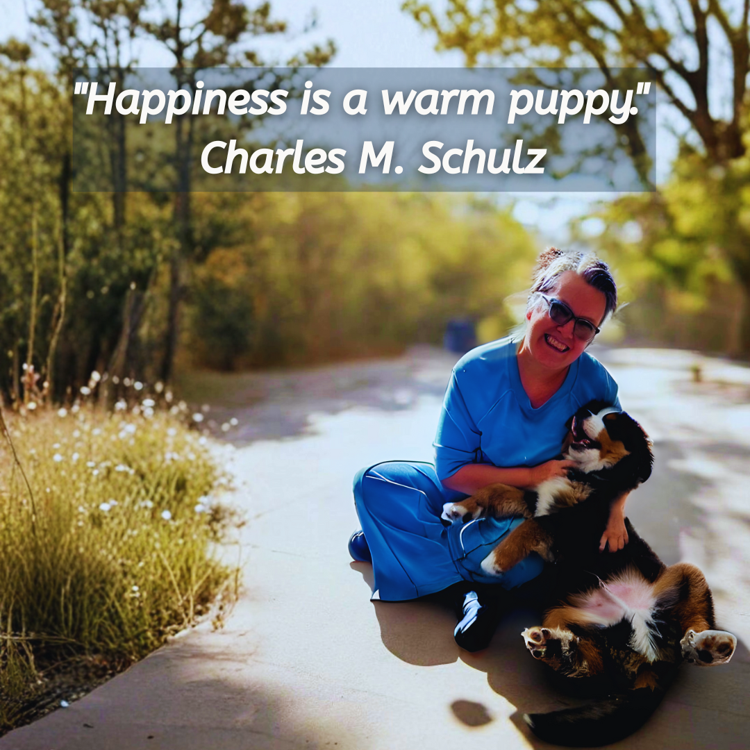 Woman seated with a Bernese Mountain Dog puppy on a pathway; quote 