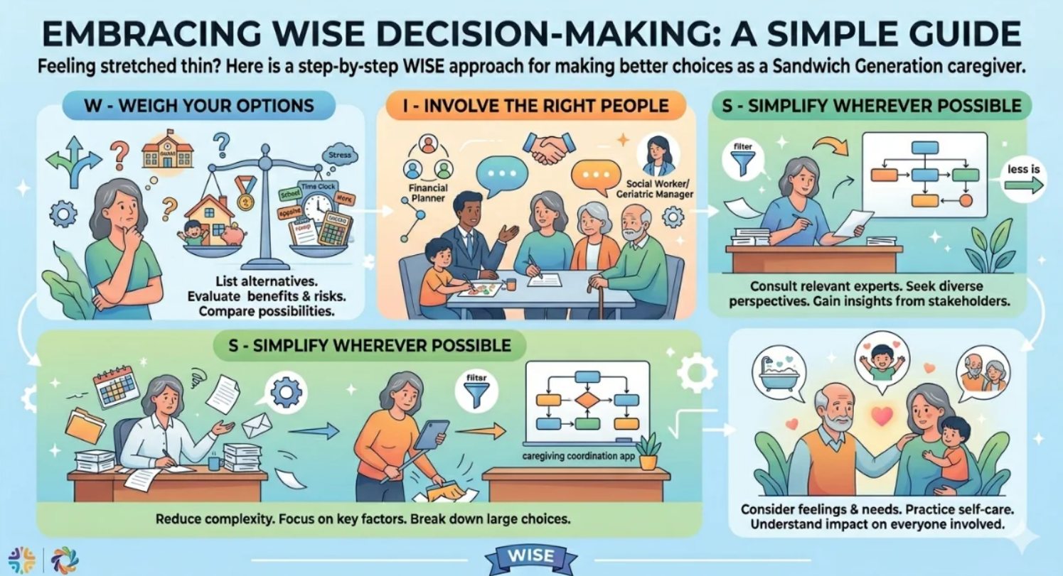 Infographic titled “Embracing Wise Decision-Making” with six illustrated steps and colorful classroom scenes.