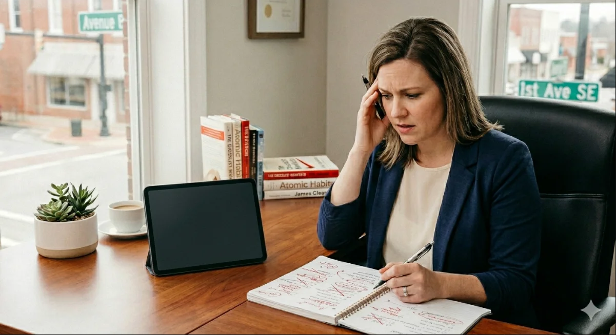 Woman at a desk on the phone, looking stressed, with a notebook and laptop in a bright office.