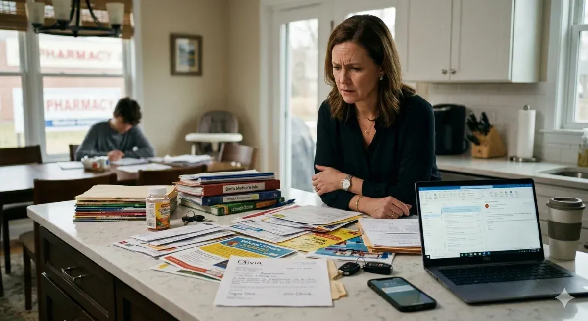 Woman studying pharmacy materials at a desk with a laptop, books, papers, and a calculator.