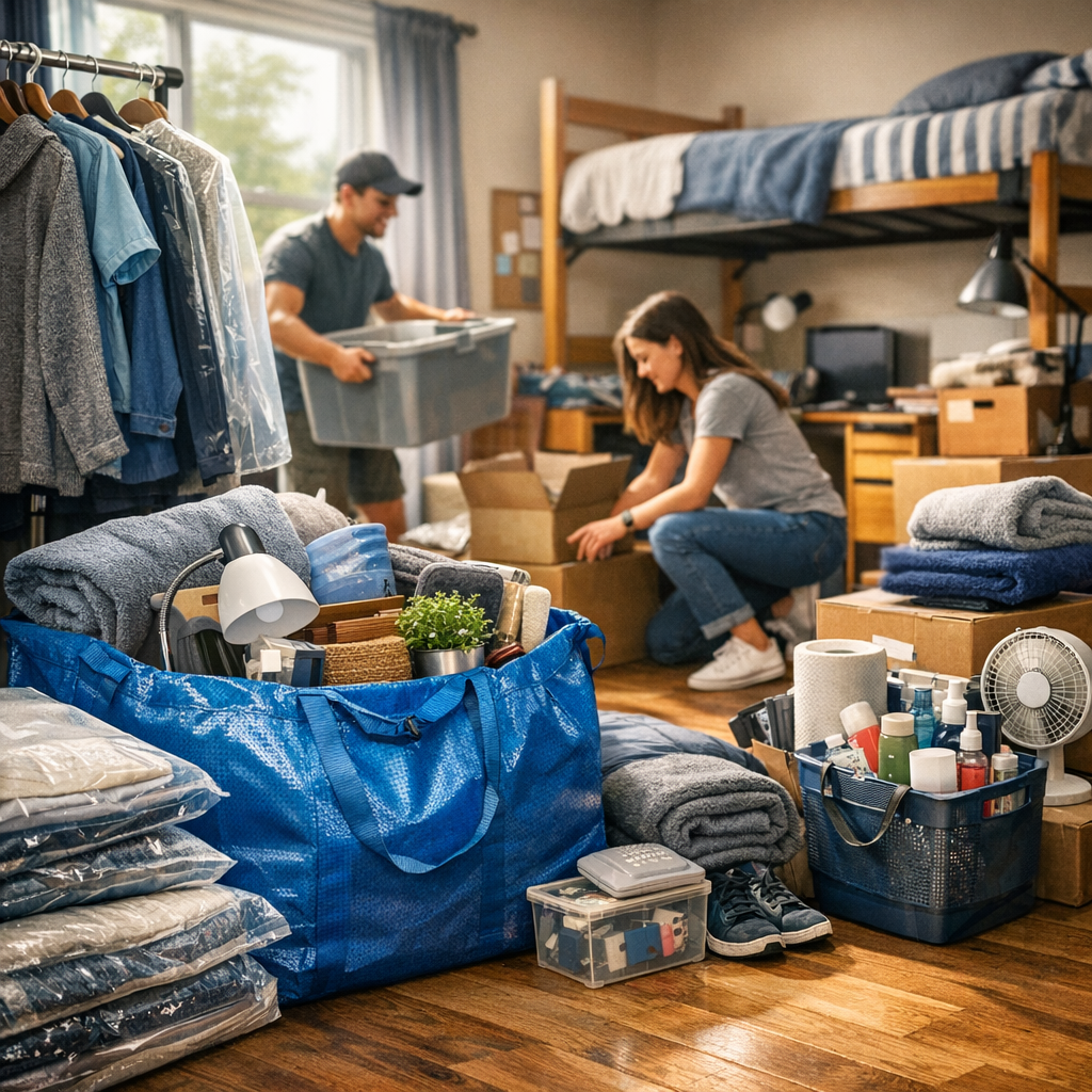 College dorm room filled with packed boxes, clothes, and supplies as two people unpack and organize.