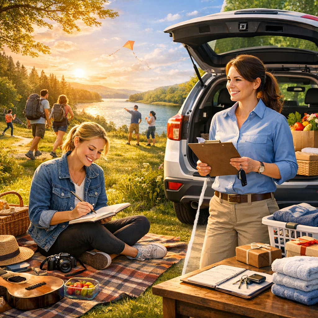 Picnic scene by a lake at sunset, with people outdoors and a woman packing a car trunk nearby