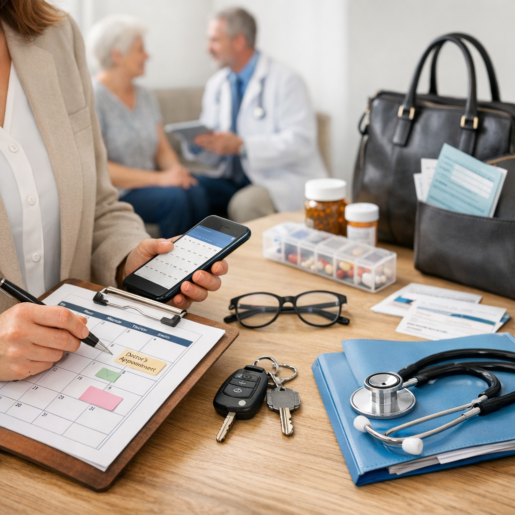 Doctor’s office desk with clipboard, smartphone, keys, stethoscope, pill bottles, and medical bag