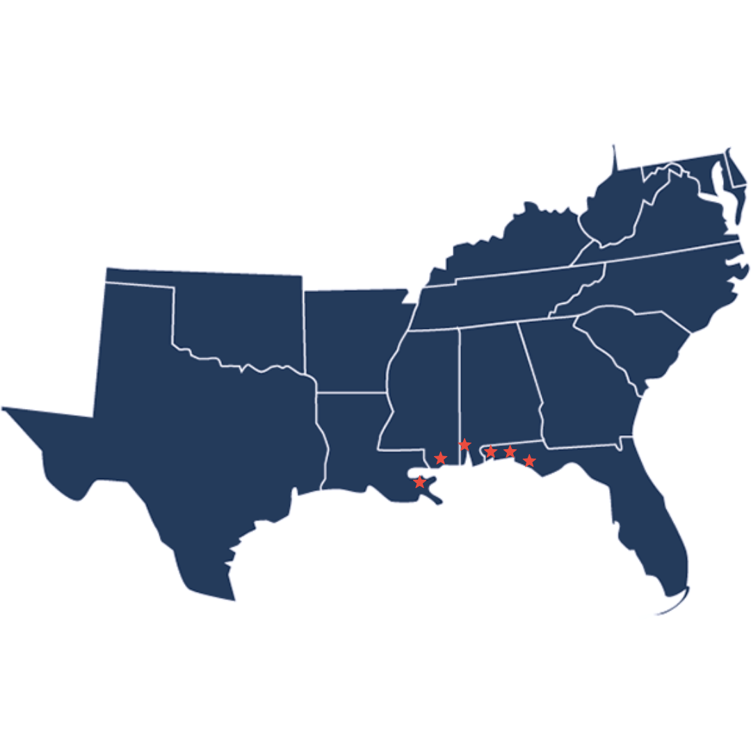 A blue map of the southeast gulf states.