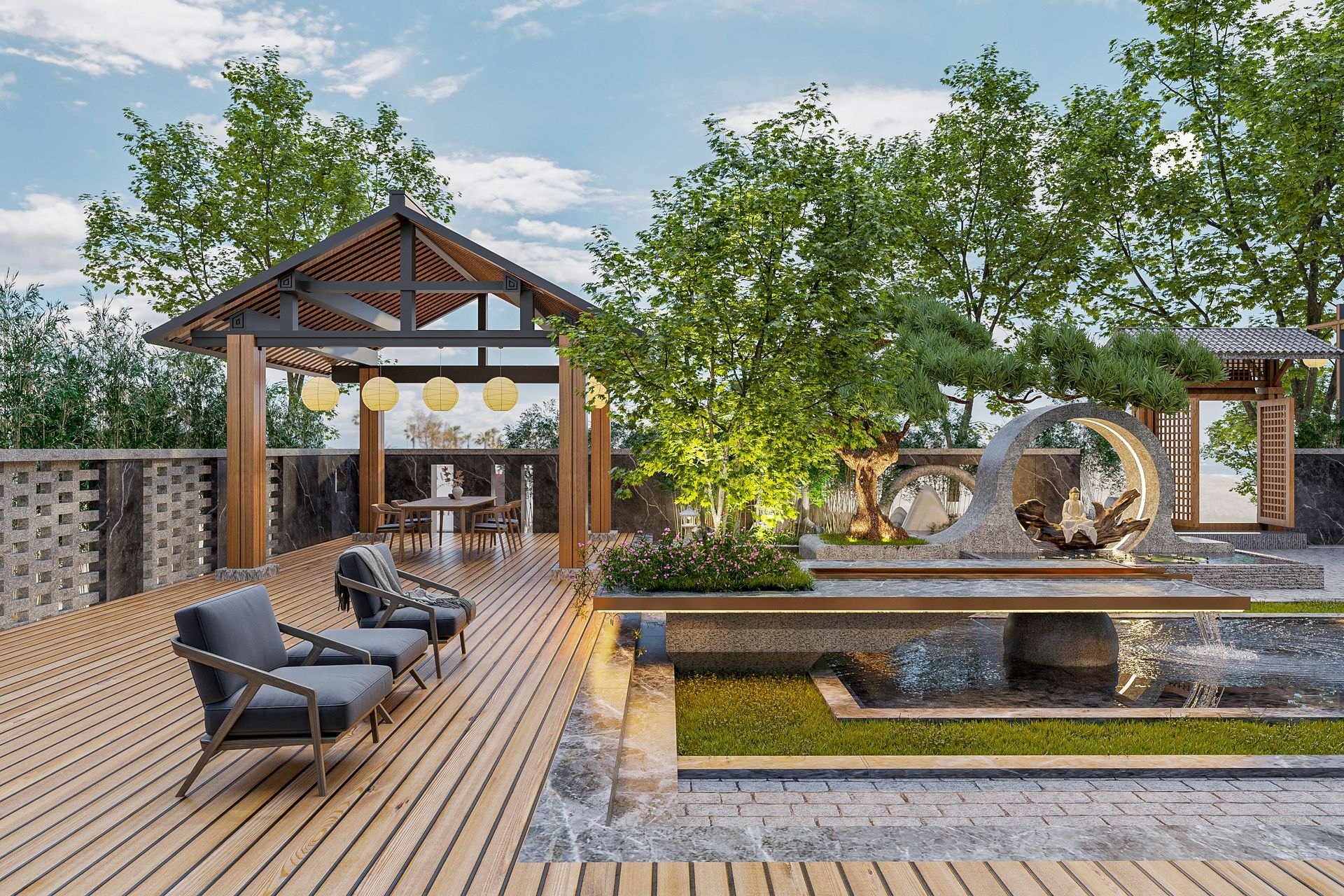 Modern backyard with wooden flooring, lounge chairs, and garden showcasing luxury custom decks.