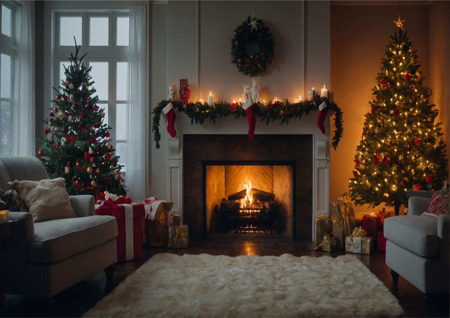 Cozy living room decorated for Christmas with a lit fireplace, two decorated trees, and presents.
