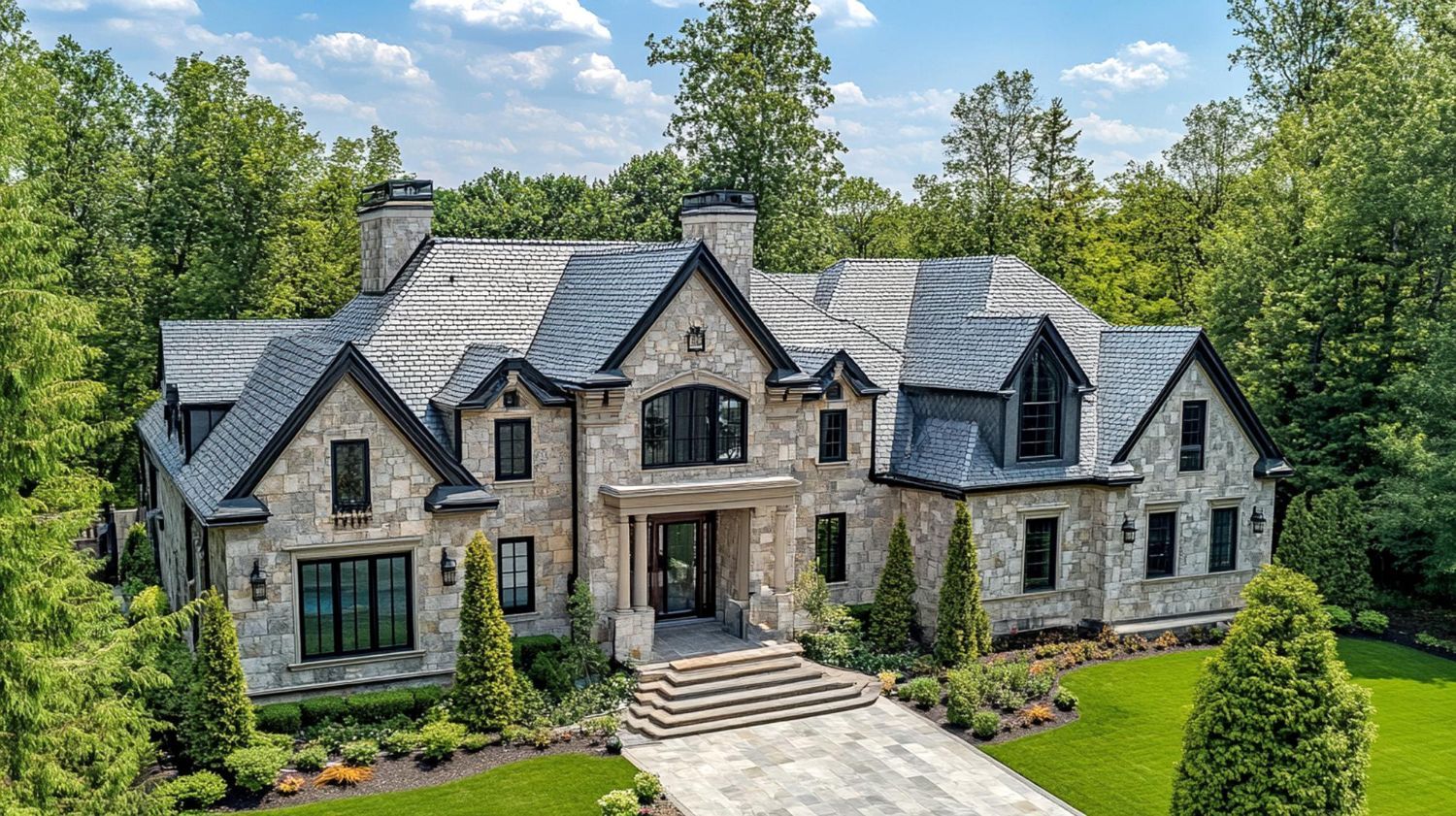 Stone mansion with gray roof, black window frames, and manicured landscaping.
