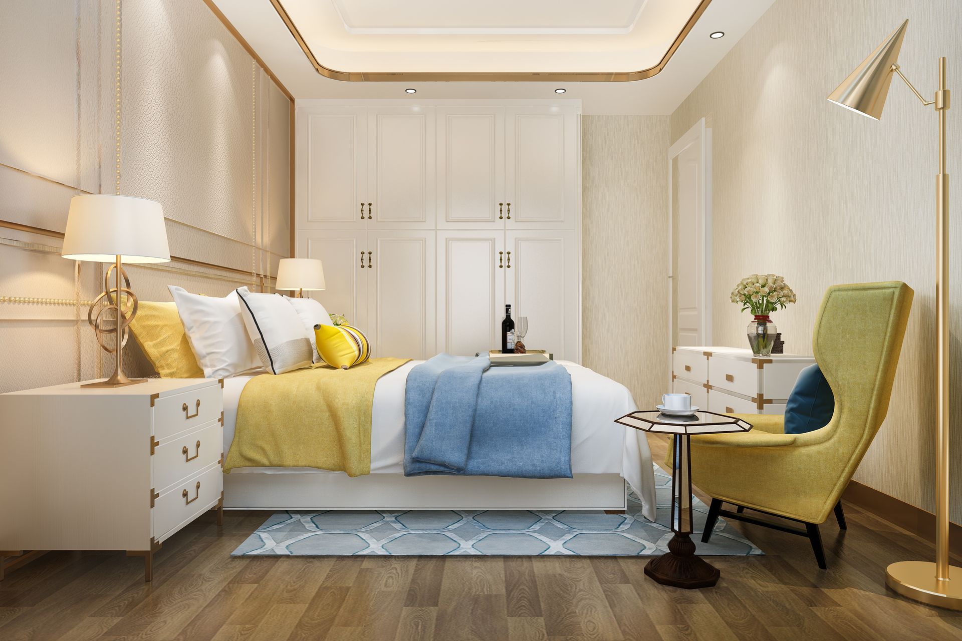 Bedroom with bed, yellow chair, white wardrobe, and side table.