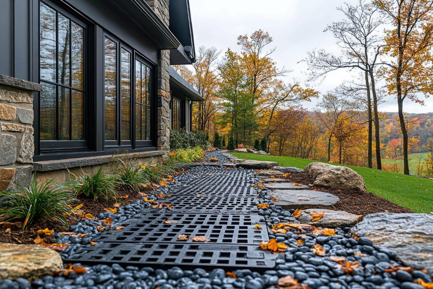 Black grated walkway with dark pebbles next to a house with fall foliage in the background.