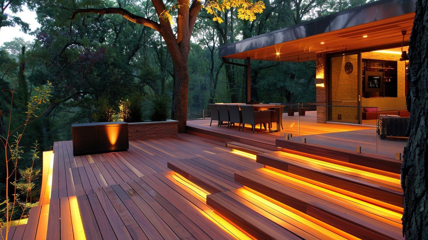 Wooden deck with warm lighting, steps, and outdoor seating near a building in a forest.