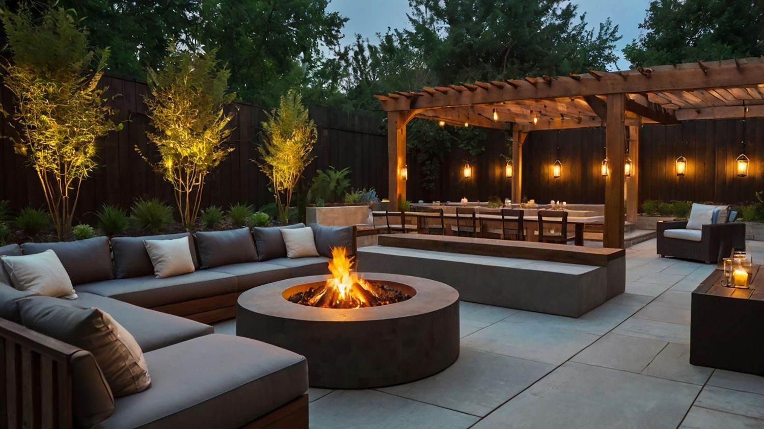 Outdoor patio with fire pit, seating, pergola, and string lights at dusk.