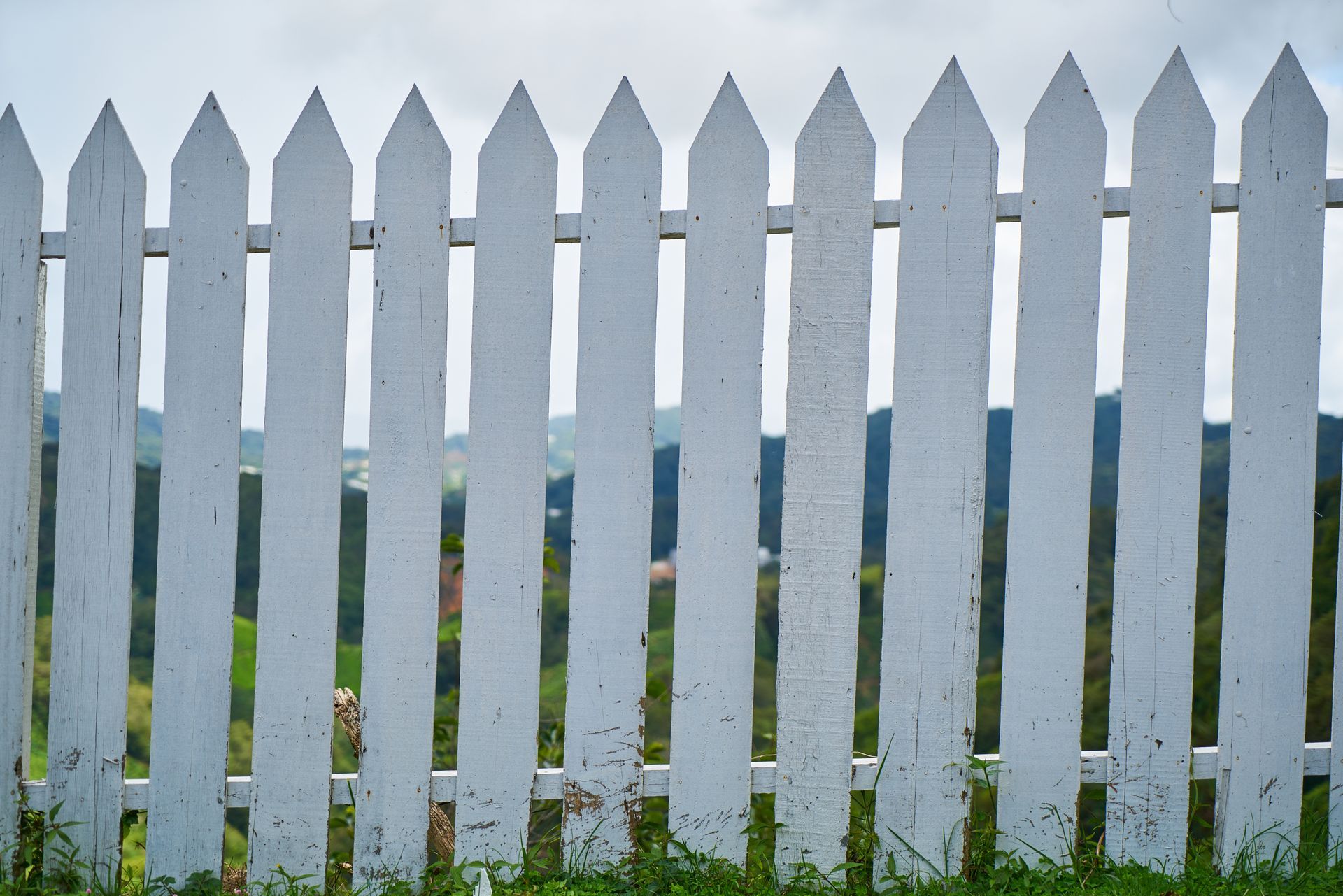 White picket fence against a blurred, green landscape under a cloudy sky.