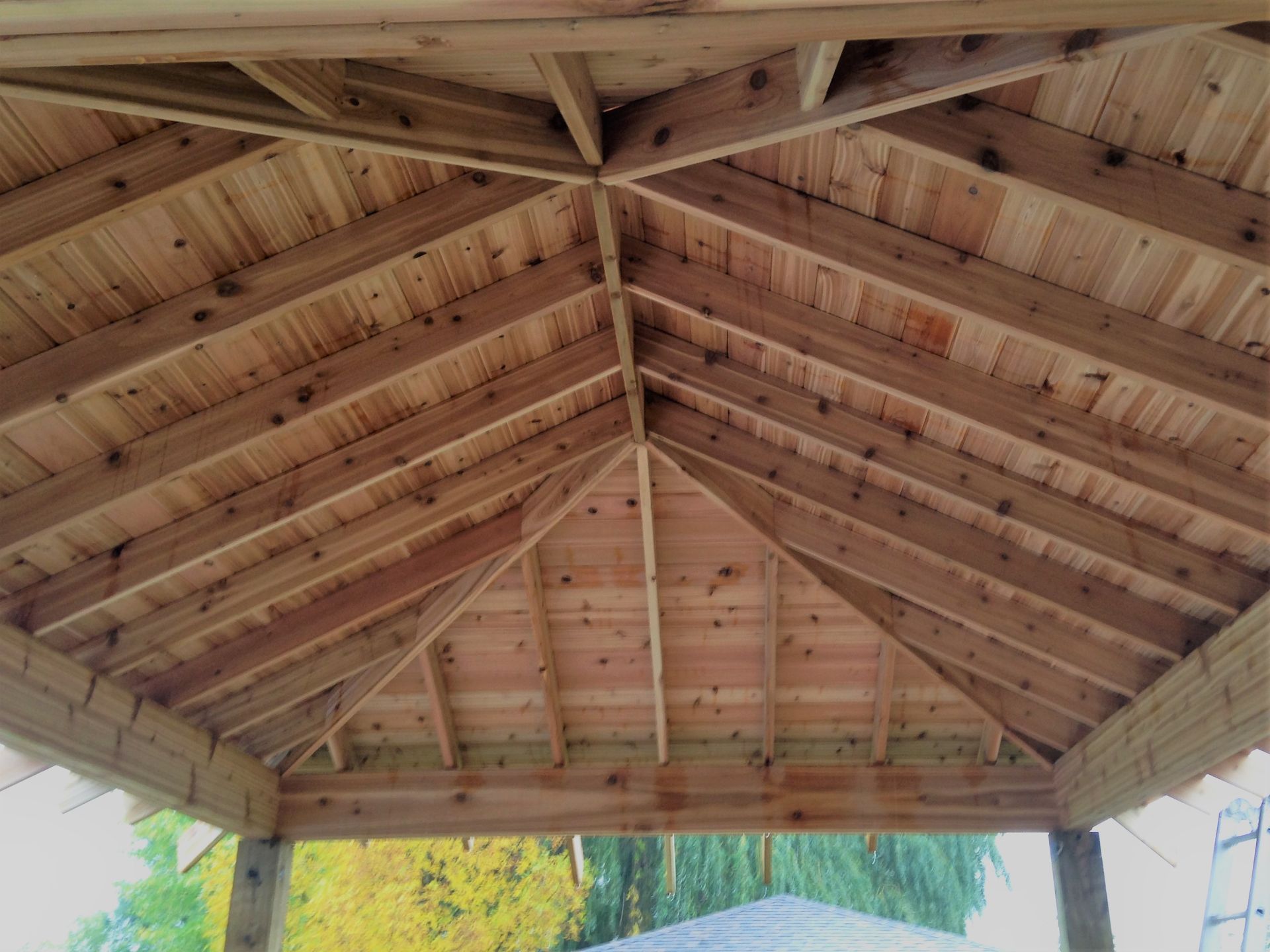 Wooden gazebo ceiling with angled beams and planks.