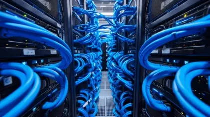 A server room filled with lots of blue wires and servers.