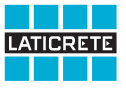 The logo for laticrete is blue and black and looks like a brick wall.