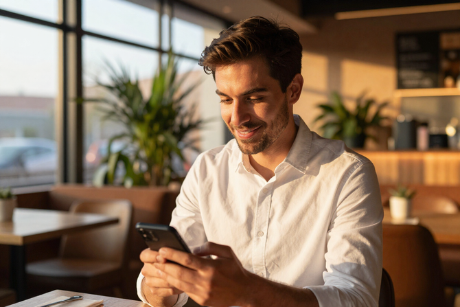 Local business owner smiling while using REVIEWNV on their phone