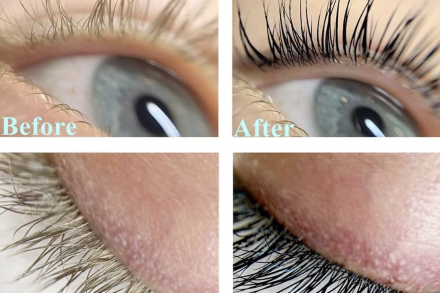 Before and after comparison of eyelash lift. Untreated pale lashes vs. dark, curled lashes after treatment. lash tint