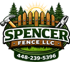 Spencer Fence LLC logo: wooden fence, tools, sun, trees, green banner, and phone number.