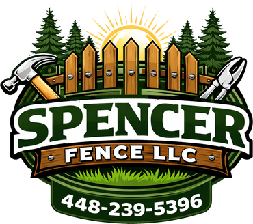 Spencer Fence LLC logo: wooden fence, tools, sun, trees, green banner, and phone number.