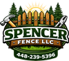 Spencer Fence LLC logo: wooden fence, tools, sun, trees, green banner, and phone number.
