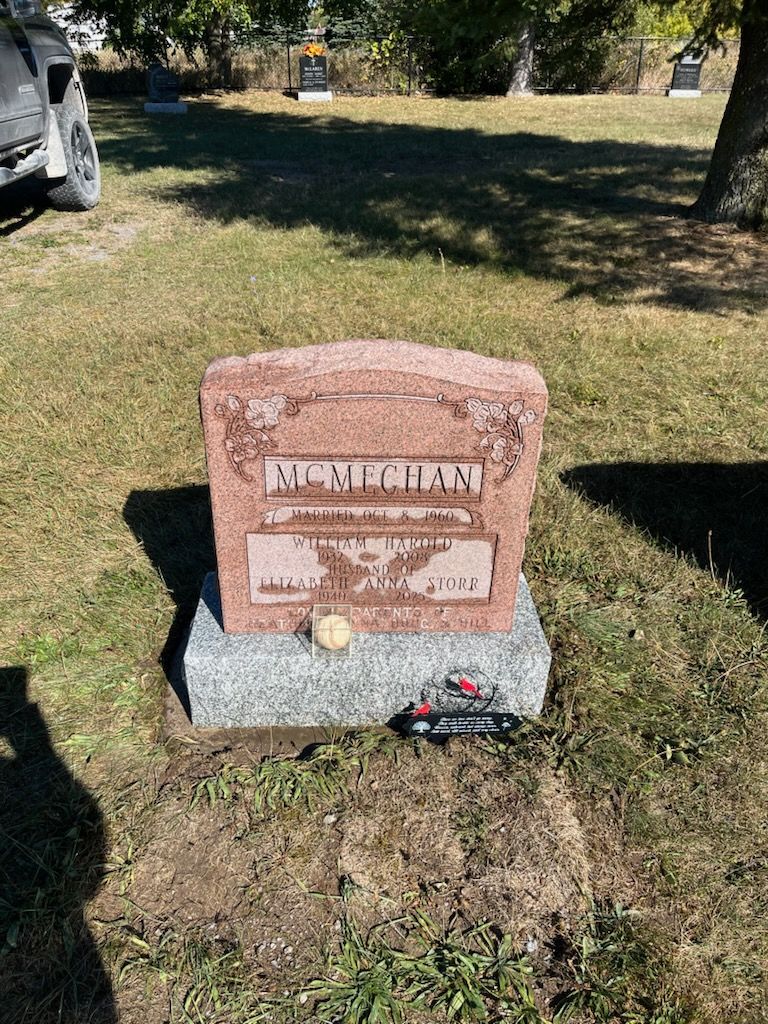 Gravestone with a pinkish-red plaque on a gray base in a grassy cemetery