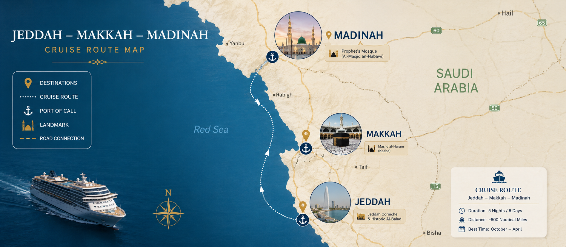 Jeddah Makkah Madinah and Red Sea cruise route map