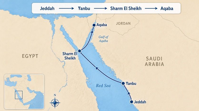 AROYA Cruise itinerary map from Jeddah to Red Sea ports