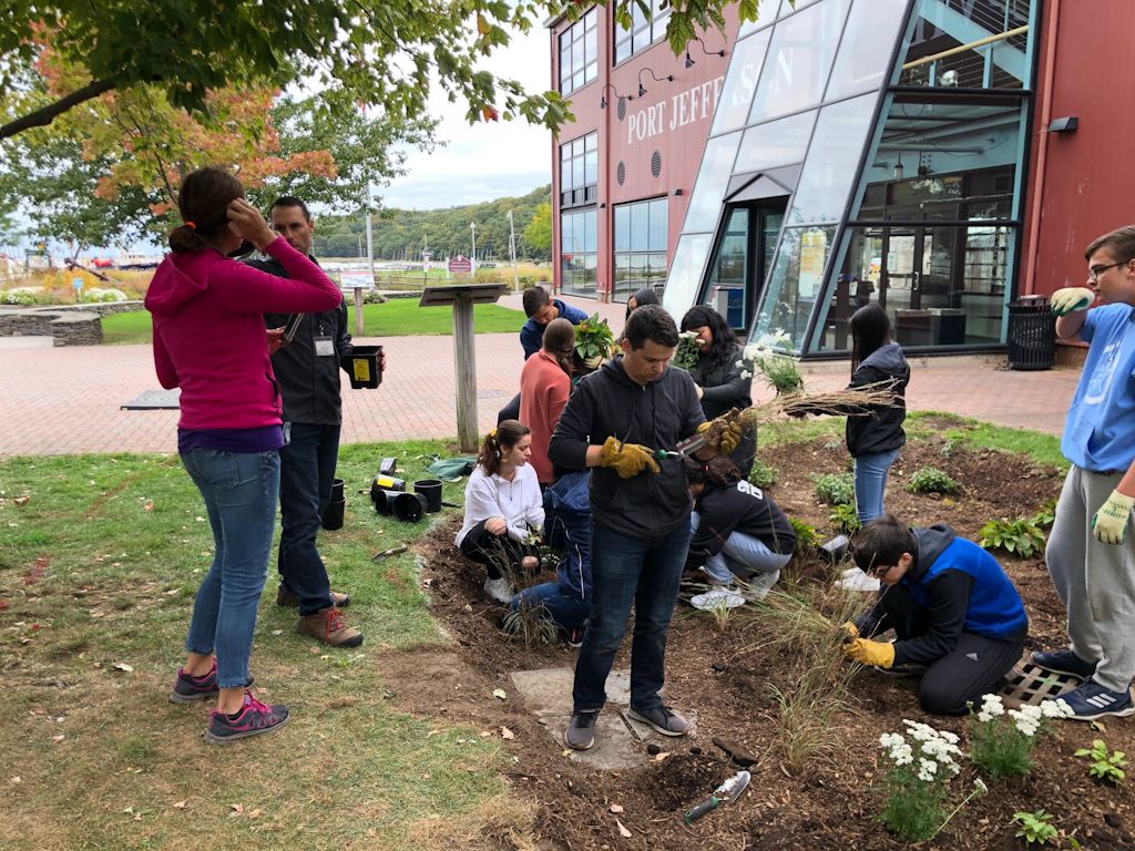Student learn about root systems. Photos of planting of Village Center Rain Garden with the PJ High School Environmental Club and their teacher Mr. Maletta.