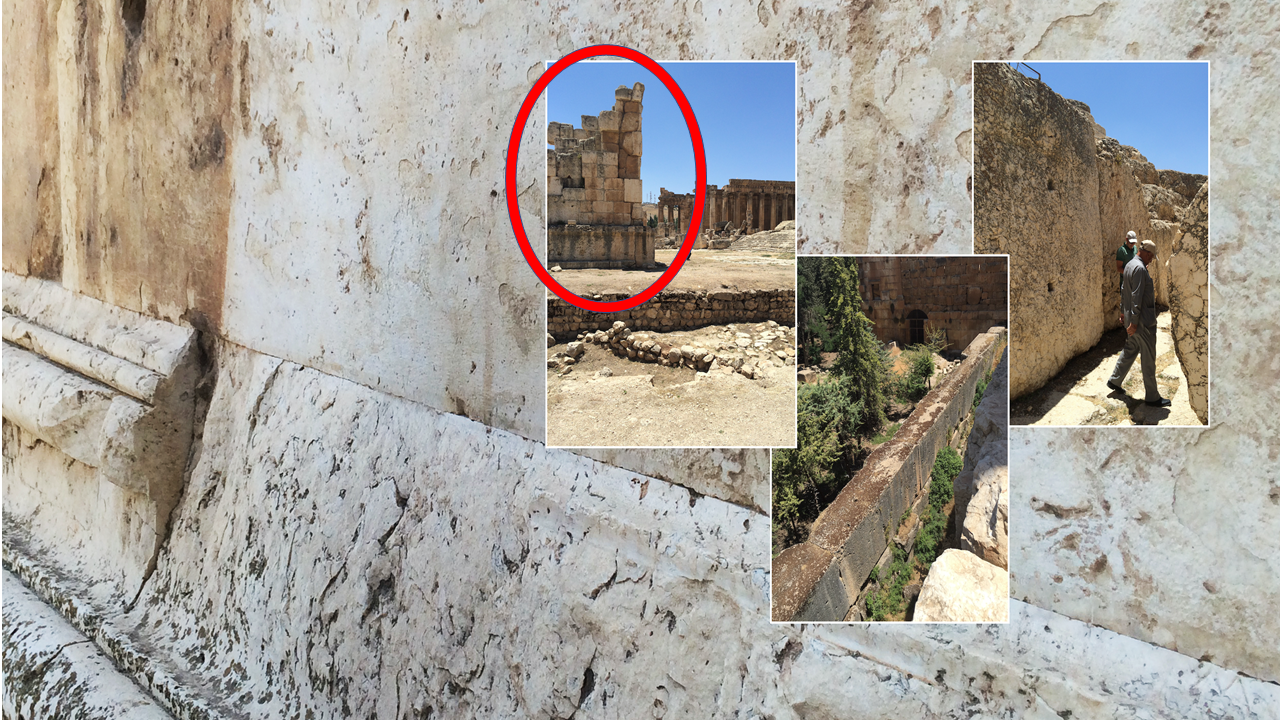 Een collage van foto's van het megalithische tempelcomplex van Baalbek. Met een doorkijkje van Romeinse bouw (latere periode).