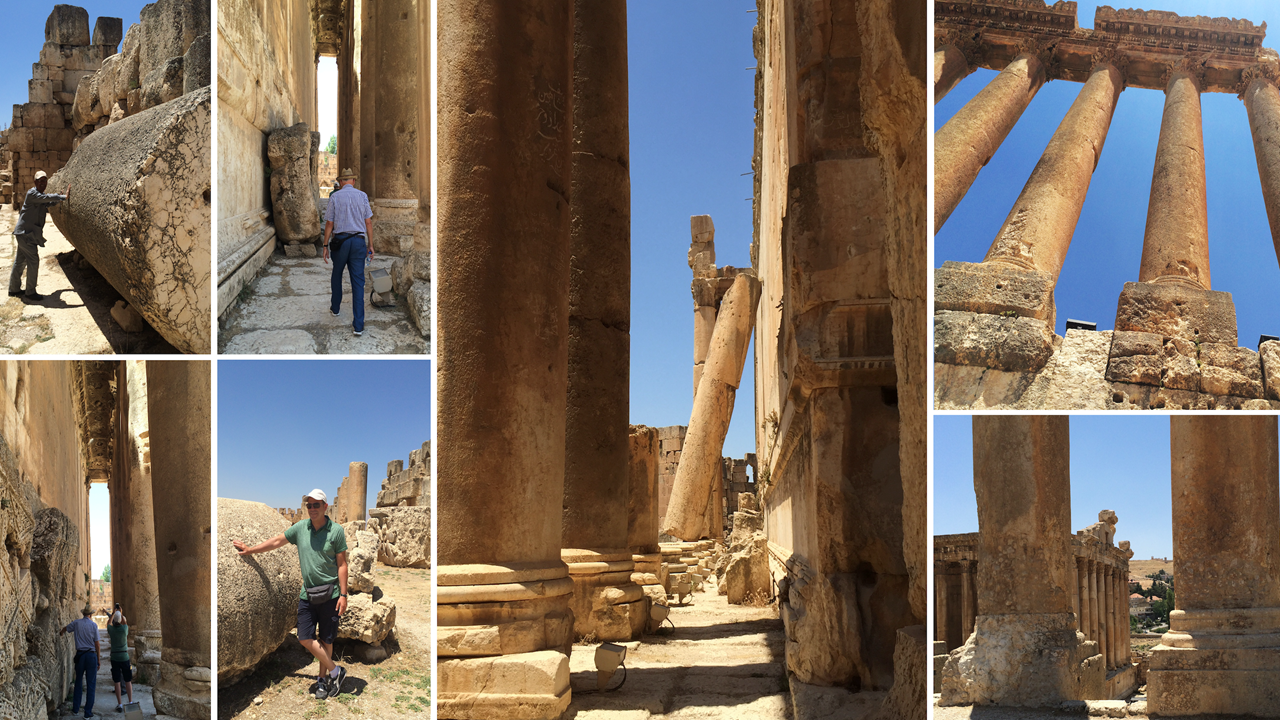 Een collage van foto's van het megalithische tempelcomplex van Baalbek.