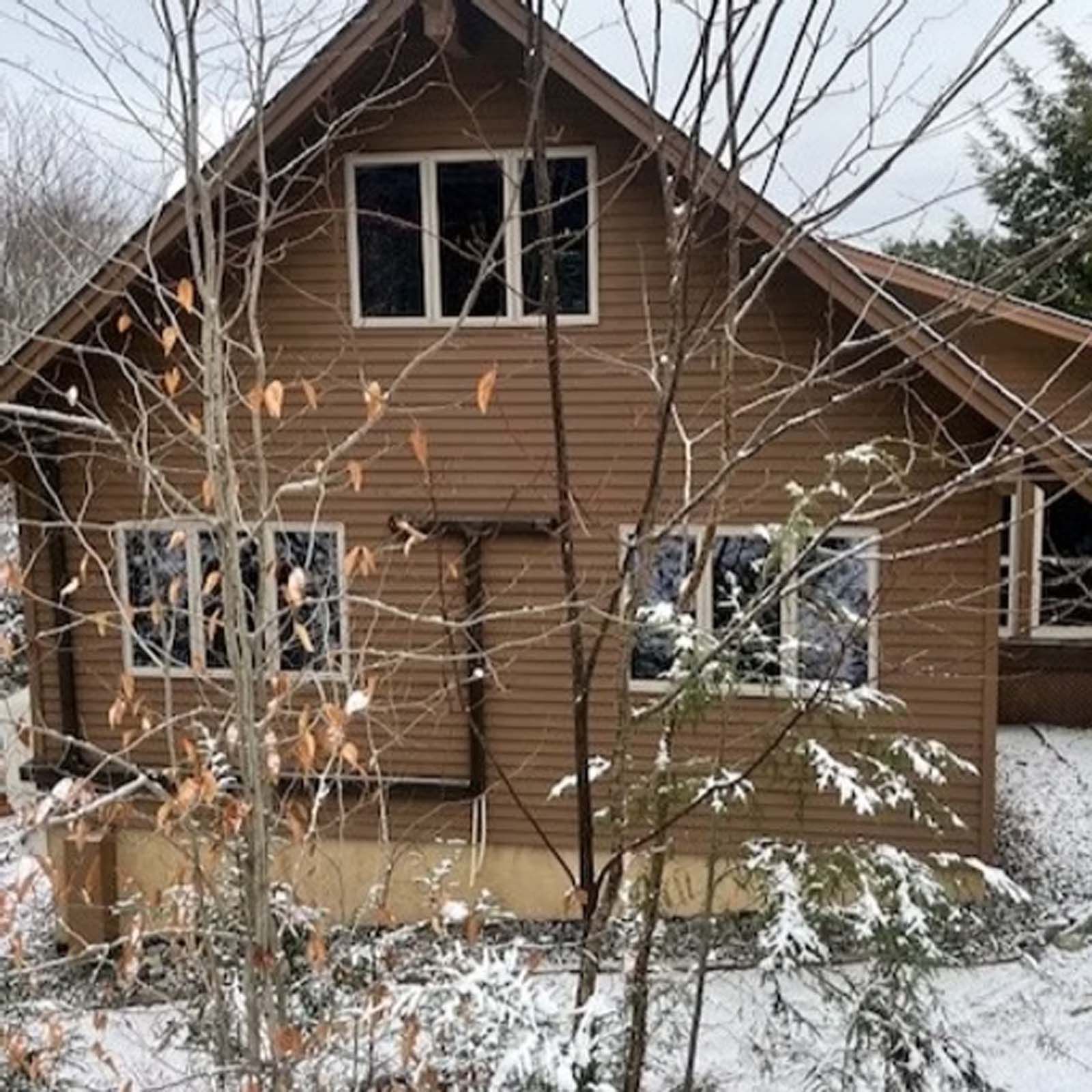A house with snow on the ground and trees in front of it
