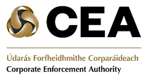 A black and gold logo for cea corporate enforcement authority