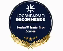 Badge for Gordon W. Frazier Tree Service, LOC8NEAREME recommends, blue and gold, with stars and laurel wreath.