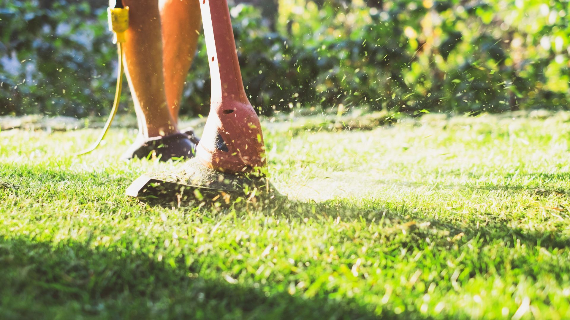 Persona che usa un decespugliatore, taglia l'erba in un giardino soleggiato, piccoli pezzi d'erba volano in aria.