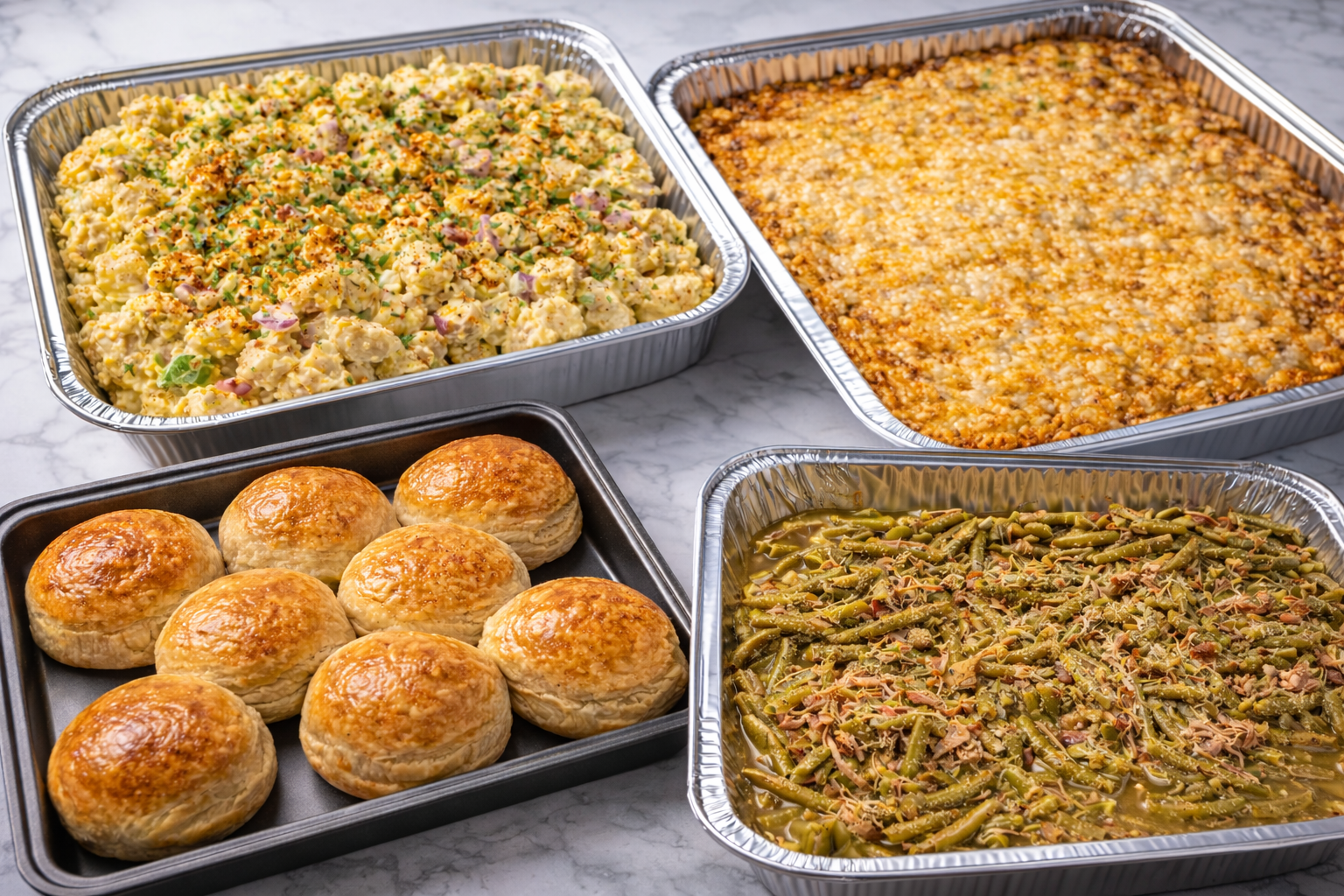 Aluminum trays of prepared food: mac and cheese, green beans, rolls, and a potato salad.