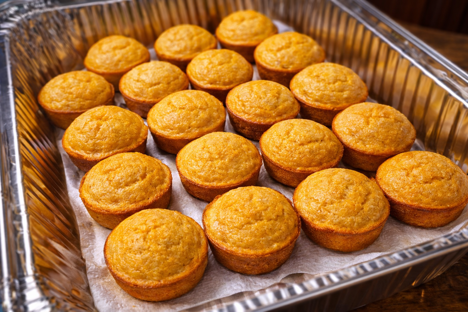A metal pan filled with 20 golden-brown cornbread muffins on parchment paper.