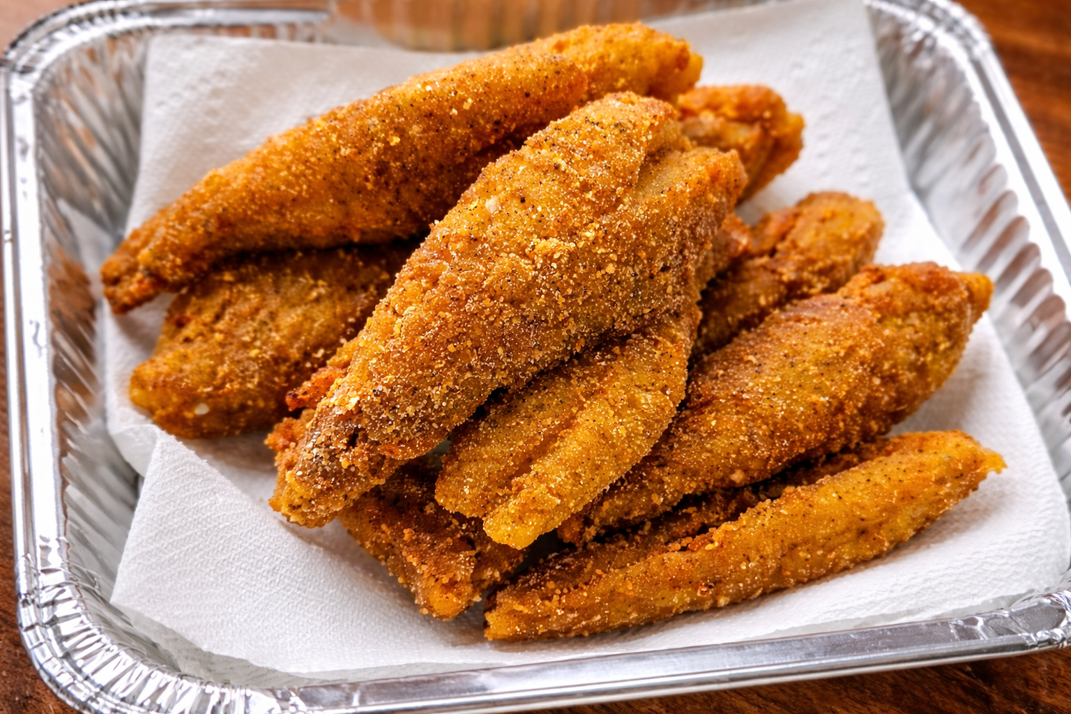 Fried chicken wings in a foil container on a paper towel.